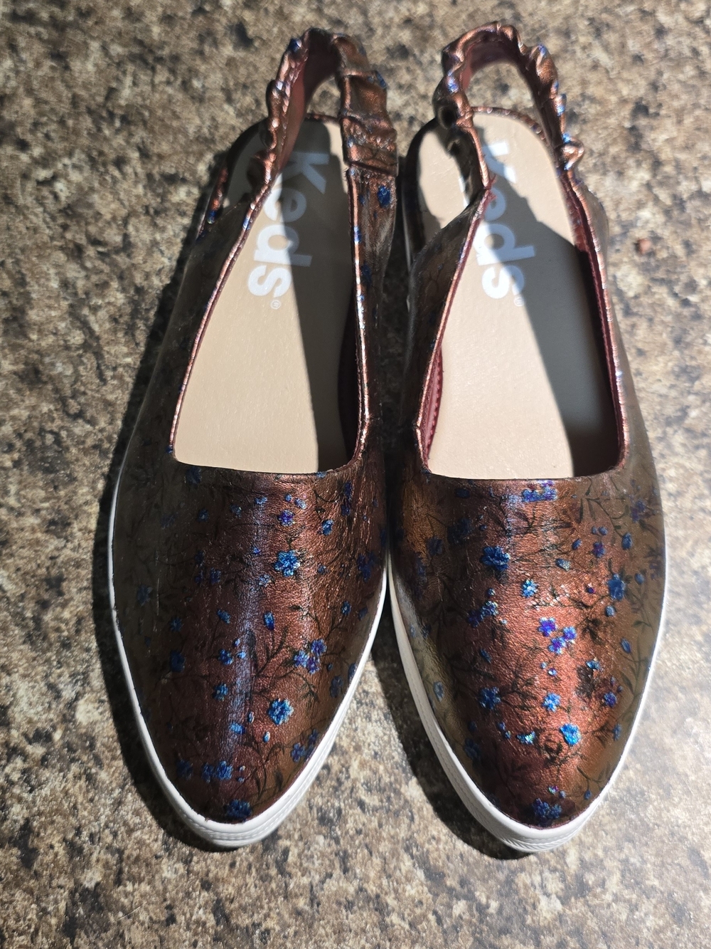 Keds Copper Metallic Floral Slingback Flats with Blue Embroidery